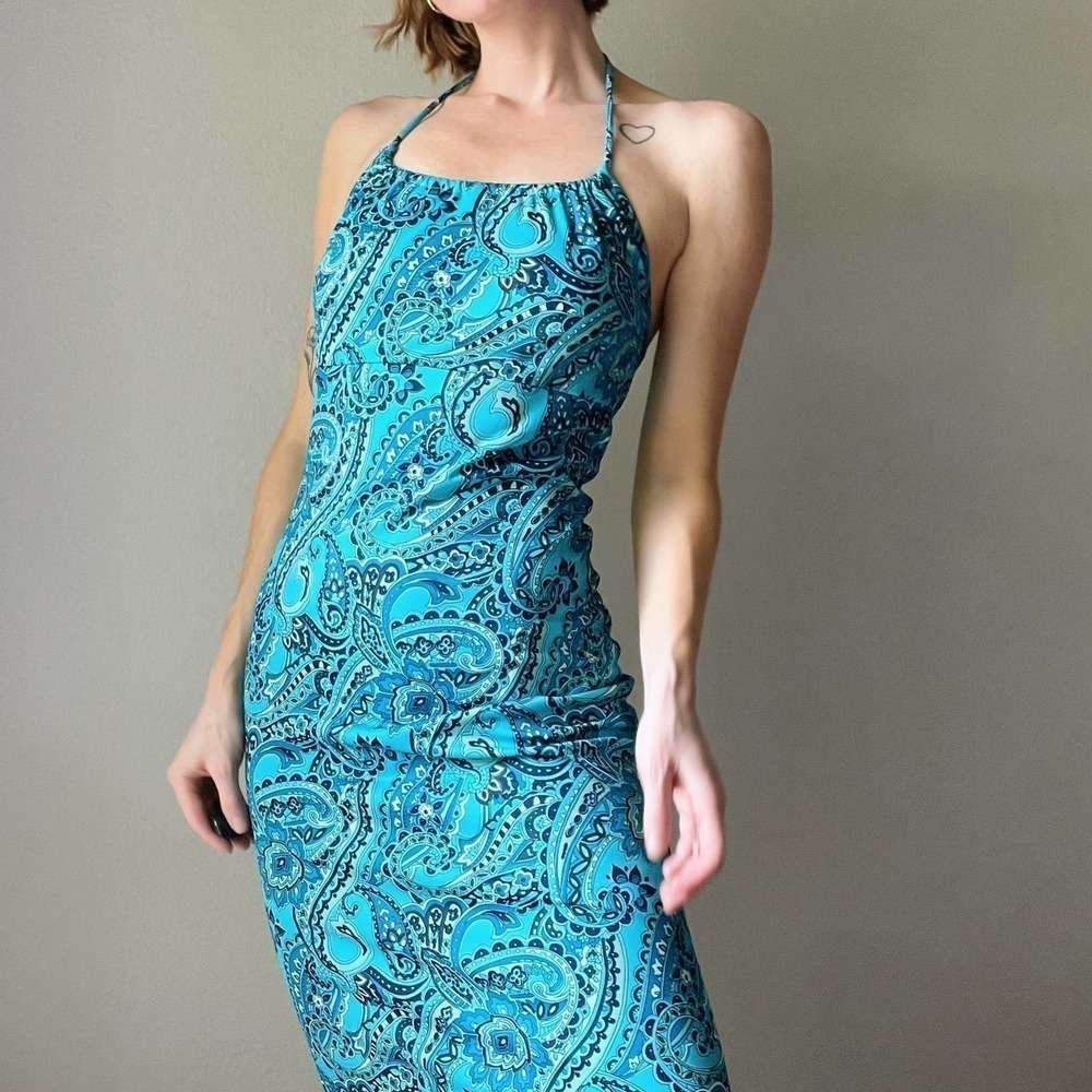 Vintage Y2K Blue Paisley Halter Midi Fitted Stretch Slip Dress - Picture 3 of 5